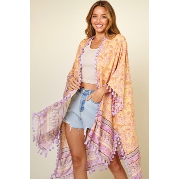Lavender Paisley Printed Kimono Bohemian Cardigan w/ Tassels Fringe - Picture 2 of 6